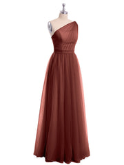 One Shoulder Tulle Long Bridesmaid Dresses Terracotta