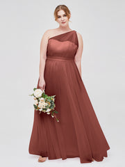 One Shoulder Tulle Long Bridesmaid Dresses Terracotta