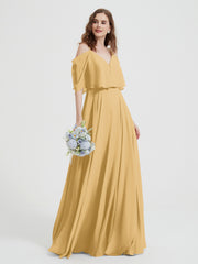 Spaghetti Strap Dresses with Flutter Sleeves Gold