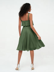 Shoulder Straps Circle Skirt Short Chiffon Dresses Olive Green