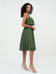 Shoulder Straps Circle Skirt Short Chiffon Dresses Olive Green