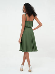 Shoulder Straps Circle Skirt Short Chiffon Dresses Olive Green