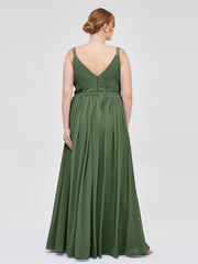 V-neck Chiffon Dresses with Double Straps Olive Green