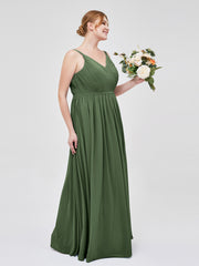 V-neck Chiffon Dresses with Double Straps Olive Green