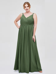 V-neck Chiffon Dresses with Double Straps Olive Green