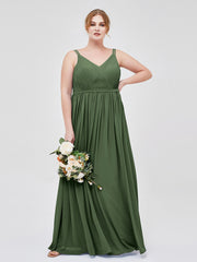 V-neck Chiffon Dresses with Double Straps Olive Green