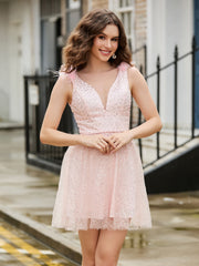 A-line V-Neck Homecoming Dress with Sequins Blushing Pink