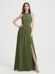 Simple Chiffon Bridesmaid Dress with Slit Olive Green