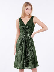 Short Sequins Dresses with V Neckline Olive Green