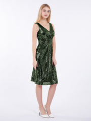 Short Sequins Dresses with V Neckline Olive Green