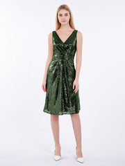 Short Sequins Dresses with V Neckline Olive Green