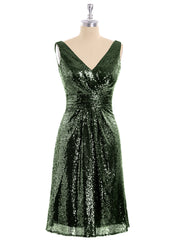 Short Sequins Dresses with V Neckline Olive Green