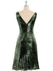 Short Sequins Dresses with V Neckline Olive Green