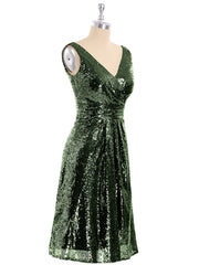 Short Sequins Dresses with V Neckline Olive Green