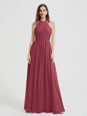 Halter Long Chiffon Dress with Open Back Cinnamon Rose