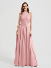 Halter Long Chiffon Dress with Open Back Dusty Rose
