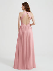 Halter Long Chiffon Dress with Open Back Dusty Rose