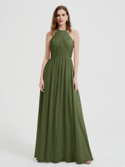 Halter Long Chiffon Dress with Open Back Olive Green
