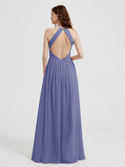 Halter Long Chiffon Dress with Open Back Periwinkle