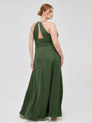 V-neck Spaghetti Straps Elegant Bridesmaid Dress Olive Green