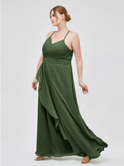 V-neck Spaghetti Straps Elegant Bridesmaid Dress Olive Green