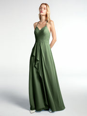 V-neck Spaghetti Straps Elegant Bridesmaid Dress Olive Green