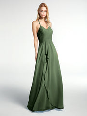 V-neck Spaghetti Straps Elegant Bridesmaid Dress Olive Green