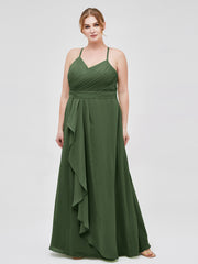 V-neck Spaghetti Straps Elegant Bridesmaid Dress Olive Green