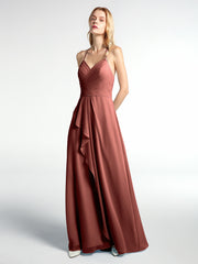 V-neck Spaghetti Straps Elegant Bridesmaid Dress Terracotta