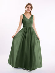 Floral Lace Top and Chiffon Bottom Full-length Dresses Olive Green