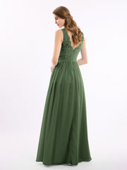 Floral Lace Top and Chiffon Bottom Full-length Dresses Olive Green