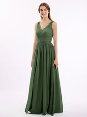 Floral Lace Top and Chiffon Bottom Full-length Dresses Olive Green