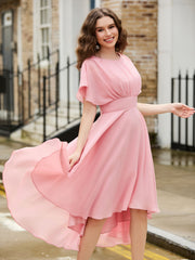 Flutter Sleeves Jewel Neckline Chiffon Dress Dusty Rose