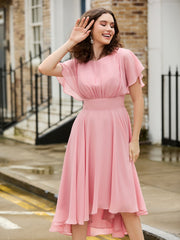 Flutter Sleeves Jewel Neckline Chiffon Dress Dusty Rose