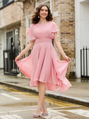 Flutter Sleeves Jewel Neckline Chiffon Dress Dusty Rose