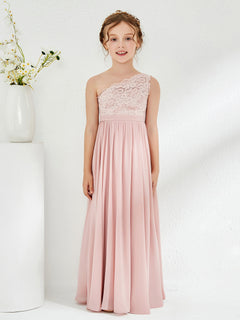 One Shoulder Chiffon and Lace Junior Bridesmaid Dresses Dusty Rose