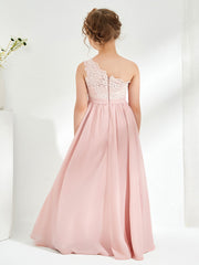 One Shoulder Chiffon and Lace Junior Bridesmaid Dresses Dusty Rose