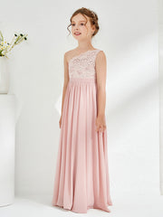 One Shoulder Chiffon and Lace Junior Bridesmaid Dresses Dusty Rose