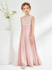 One Shoulder Chiffon and Lace Junior Bridesmaid Dresses Dusty Rose