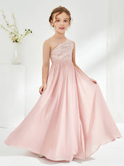 One Shoulder Chiffon and Lace Junior Bridesmaid Dresses Dusty Rose