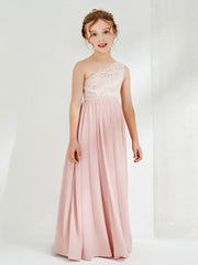 One Shoulder Chiffon and Lace Junior Bridesmaid Dresses Dusty Rose