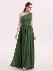 One Shoulder Dresses with Lace Bodice Olive Green