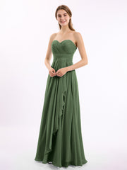 Strapless Long Chiffon Dresses with Cascade Hem Olive Green