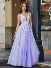 Plunging V-Neck Lace Appliqued Tulle Gown Lilac Plus Size