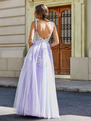 Plunging V-Neck Lace Appliqued Tulle Gown Lilac Plus Size