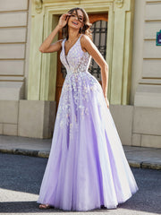 Plunging V-Neck Lace Appliqued Tulle Gown Lilac Plus Size