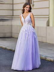 Plunging V-Neck Lace Appliqued Tulle Gown Lilac Plus Size