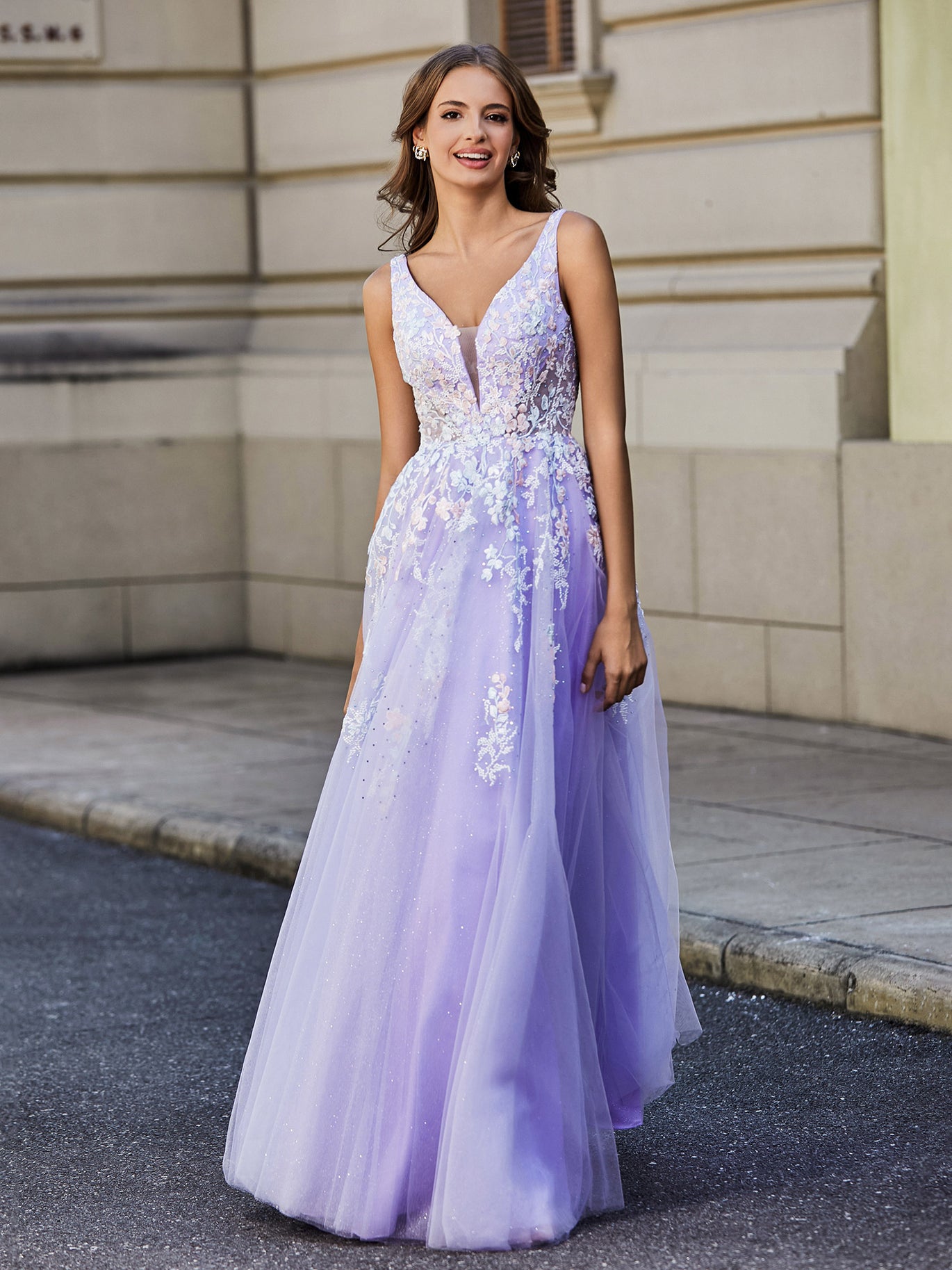 BABARONI Tulle Lilac Prom Dresses A-line Plunging V-Neck Floor-length Sleeveless BABARONI UK BABARONI Tulle Lilac Prom Dresses A-line Plunging V-Neck Floor-length Sleeveless BABARONI UK