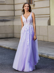 Plunging V-Neck Lace Appliqued Tulle Gown Lilac Plus Size