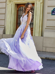 Plunging V-Neck Lace Appliqued Tulle Gown Lilac Plus Size